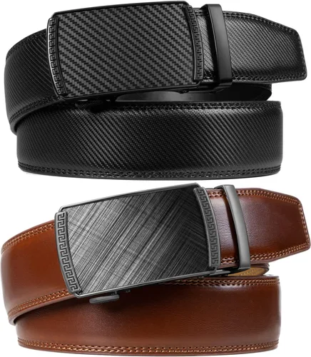 Vista 2 de Founders & C Cinturón para hombre, 2 unidades, vestido de cuero con trinquete con hebilla deslizante de 1 38 pulgadas en caja de regalo