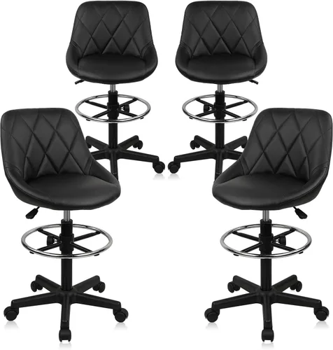 Vista 10 de KLASIKA Silla de dibujo con respaldo, taburete giratorio de cuero sintético ajustable en altura con anillo para el pie, silla de oficina ergonómica