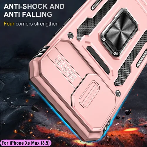 Vista 7 de Funda resistente para Apple iPhone Xs Max, protector híbrido de goma de doble capa de grado militar con protector de cámara deslizante, soporte Oro