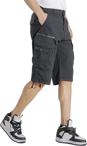 Vista 4 de Pantalones cortos cargo con cintura elástica para hombre, con bolsillo con cremallera, ajuste relajado, elásticos, ligeros, de algodón