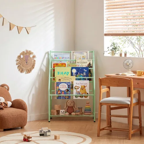 Vista 7 de JAQ Estantería infantil para niños pequeños, estante de exhibición de libros de 4 niveles orientado hacia adelante para guardería, sala