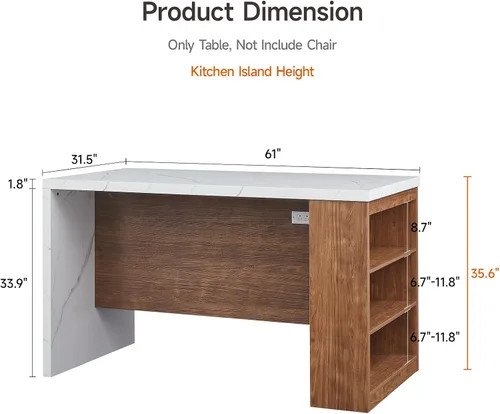 Vista 9 de ONBRILL Mesa completa de mesa de isla de cocina de 61 x 31 pulgadas con espacio de almacenamiento, toma de corriente y luces LED, mesa de comedor