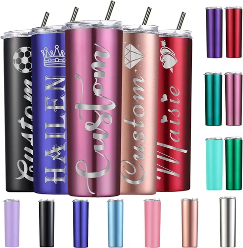 Vista 10 de Vasos delgados personalizados con tapas y popotes, vaso grabado con láser personalizado con nombre para mujer, regalo de 20 onzas, taza de acero
