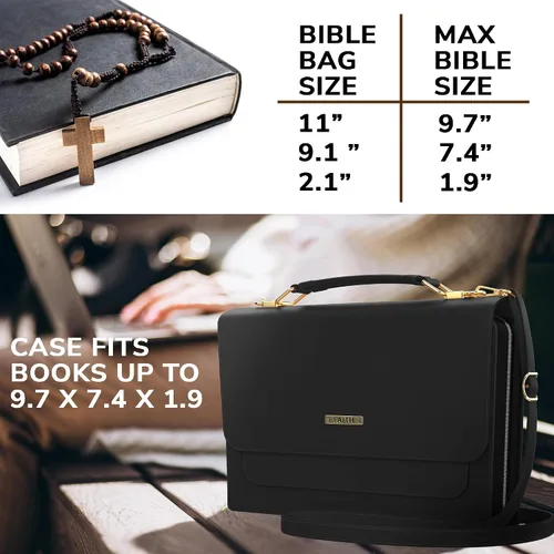 Vista 4 de DEHITE Funda para la Biblia para mujer, bolsa de transporte para la Biblia, ranuras para bolígrafos, bolsillo con cremallera, correa para el hombro