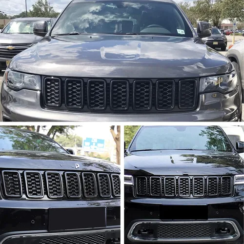 Vista 8 de 7 piezas de insertos de rejilla frontal de malla de panal negro brillante reemplazan para Jeep Grand Cherokee 2017-2021
