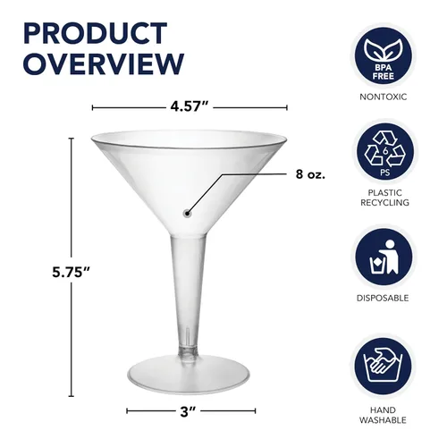 Vista 2 de Party Essentials Vaso de Martini de plástico duro de 2 piezas, capacidad de 8 onzas, transparente, para martinis, aperitivos, puré de papas Claro