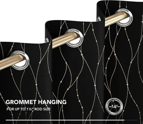 Vista 5 de Deconovo - Cortinas opacas con diseño dorado estampado y ojales, negro, de 42 pulgadas de ancho x 45 pulgadas de largo