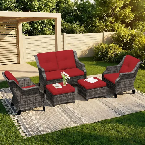 Vista 57 de Sofá de mimbre para patio al aire libre, sofá de 3 plazas, sofá de ratán con asiento profundo y cojines de olefina, respaldo alto, todo tipo de Beige