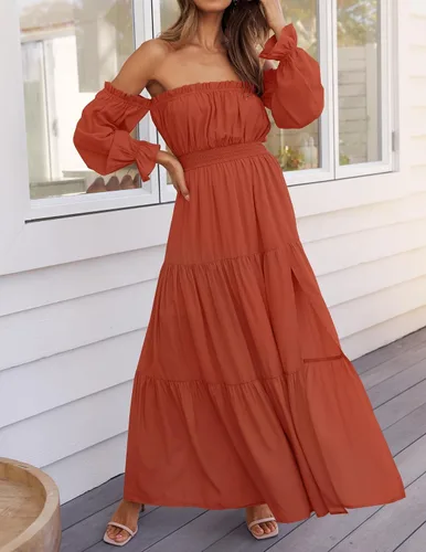 Vista 43 de ZESICA - Vestido largo, bohemio y sexy, con hombros descubiertos y manga larga fruncida, con elástico fruncido, cintura alta y abertura lateral
