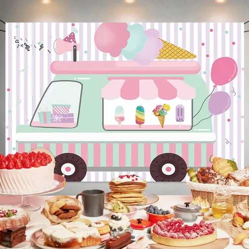 Vista 2 de Cartel de fondo con temática de camión de helados, pancarta de fondo de fotografía de cumpleaños para bebés y niñas, decoración de fondo para tartas