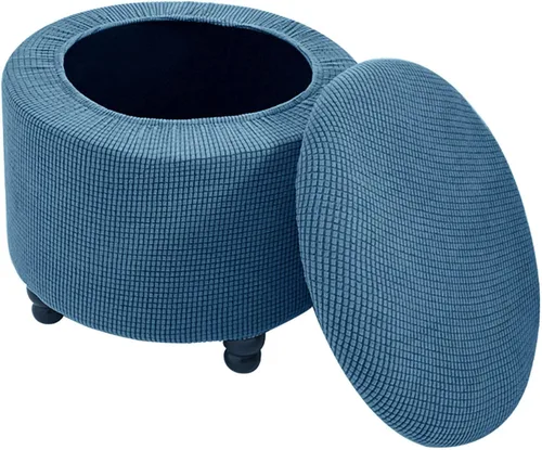 Vista 19 de Funda otomana redonda, fundas elásticas para otomanas, 2 piezas, fundas protectoras para reposapiés a cuadros suaves con parte inferior elástica