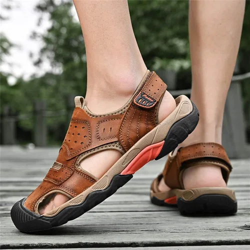Vista 5 de Sandalias para hombre con punta cerrada, sandalias deportivas de cuero, sandalias de pescador, sandalias casuales para caminar al aire libre