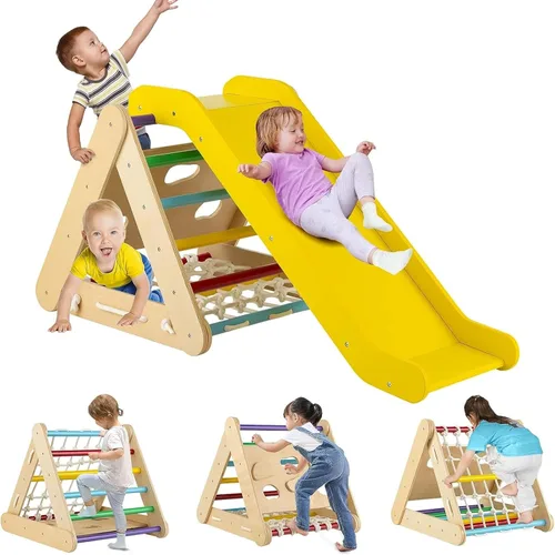 Vista 9 de Costzon Juguete de escalada 4 en 1 para niños pequeños, trepador de triángulo de madera Montessori de 3 lados con rampa deslizante, red de escalada