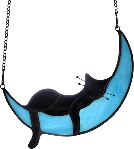Vista 8 de BOXCASA Atrapasoles de Vidrio Emplomado Hecho a Mano de Gato Gris en Luna - Colgante Decorativo para Ventana para Amantes de los Gatos, Día