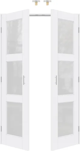Vista 2 de Puertas francesas con cierre de bola de 36 x 80 pulgadas, 3 paneles de vidrio esmerilado de núcleo sólido preacabadas y pintables puertas dobles