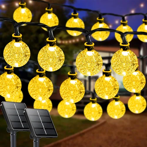 Vista 15 de LORRYTE Tira de luces solares para exteriores, 50 luces LED de 32 pies, impermeables, con energía solar, luces de globo de cristal para exteriores