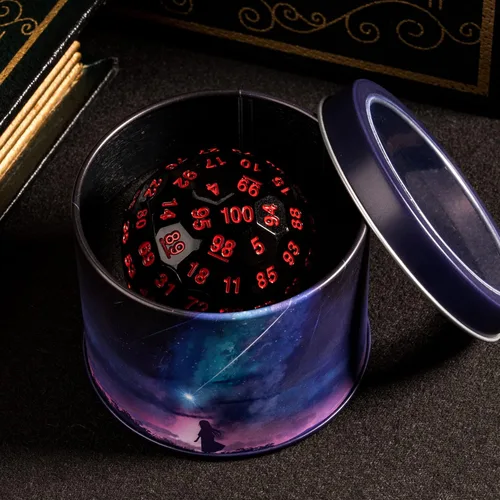 Vista 2 de Dados poliédricos mejorados de 100 caras (D100), 1.969 in, fuente negra/roja, dado único, dados de juego D&D, lata de almacenamiento de metal