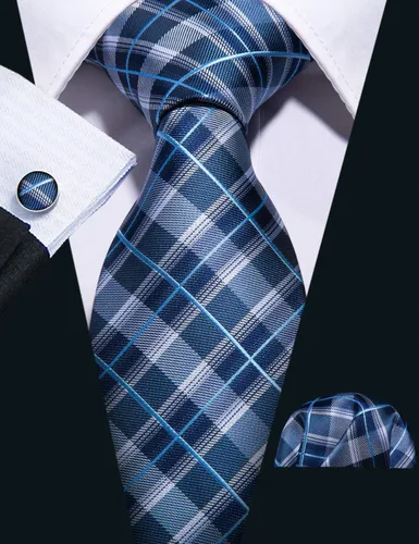 Vista 8 de Barry.Wang Juego de corbatas a cuadros para hombre con pañuelo gemelos de rayas clásicas