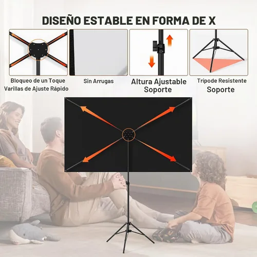 Vista 5 de Pantalla de proyector con soporte, pantalla de proyección interior de 80 pulgadas con respaldo negro, pantalla de proyector portátil con trípode