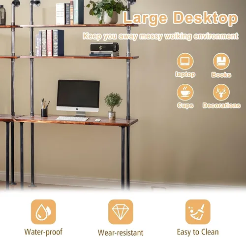 Vista 8 de LOKKHAN Escritorio industrial para portátil de 79 pulgadas, escritorio de madera maciza, escritorio de pared con estantes, mesa de computadora