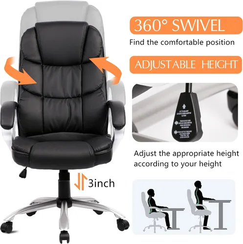 Vista 6 de PayLessHere Silla de oficina ergonómica de respaldo alto ejecutivo silla de escritorio con silla giratoria ajustable de piel sintética con Negro