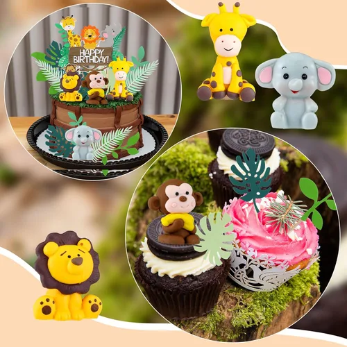 Vista 4 de 36 piezas de decoración de pastel de safari con hojas, decoración de elefante, cumpleaños, decoración para tartas, animales de la selva, decoración