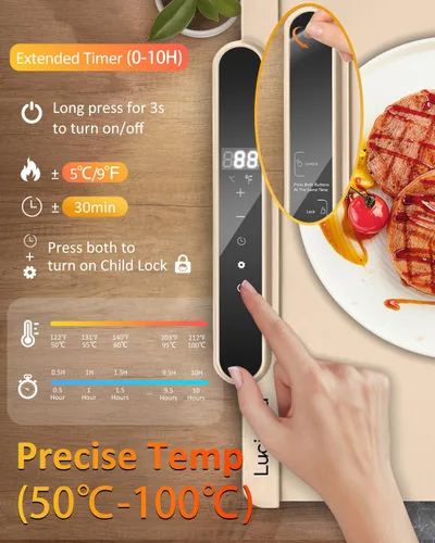 Vista 3 de Tapete de calentamiento de alimentos, calentador eléctrico enrollable de alimentos, 10 niveles de temperatura y temporizador de 10 horas, bandeja