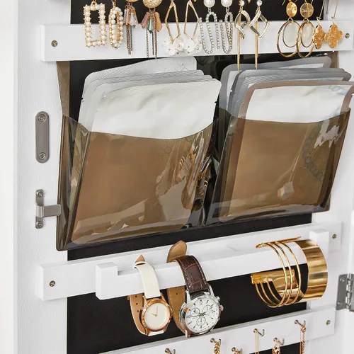 Vista 9 de SONGMICS UJJC004W01 - Organizador de joyas con cerradura con espejo de longitud completa cajón inferior estante ruedas armario de joyería idea