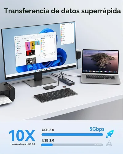 Vista 3 de Hub USB 3.0 alimentado, Wenter 10 puertos 36 W alimentado USB Hub, divisor USB de aluminio con interruptores individuales de encendido/apagado
