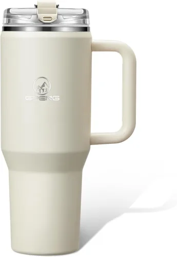 Vista 13 de Gpeng 30/40/50 oz Vaso con asa, botellas de agua con tapa de popote, taza de viaje de acero inoxidable aislada compatible con portavasos, mantiene