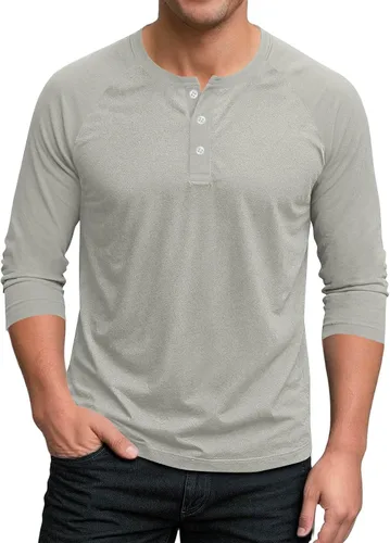 Vista 12 de Ctreela Camiseta Henley de manga 3/4 para hombre, estilo casual, ajustada, color sólido, manga larga, camiseta de béisbol