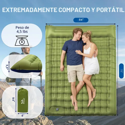 Vista 2 de Almohadilla doble para acampar de 5.5 pulgadas, ultra gruesa con Colchón para dormir, compacto para 2 personas, portátil, para mochileros Verde