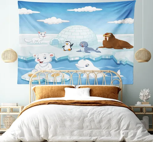 Vista 5 de Ambesonne Tapiz de animales tamaño King, imagen de animales árticos, osos polares, foca, pingüinos, lobos, ballenas, obra de arte, colcha