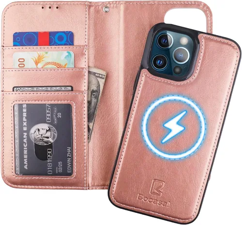 Vista 10 de Bocasal Funda tipo cartera desmontable para iPhone 13 Pro Max con bloqueo RFID, ranuras para tarjetas, soporte de cuero PU premium, soporte