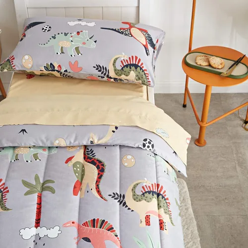 Vista 4 de Juego de ropa de cama de 4 piezas para niños pequeños, dinosaurio con dinosaurios coloridos y monstruos, juego de sábanas para otoño e invierno