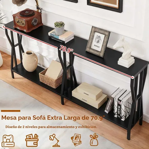 Vista 4 de HOMISSUE Mesa consola de sofá, mesa de sofá extra larga de 70.9 pulgadas con almacenamiento de 2 niveles, mesas de consola estrechas industriales
