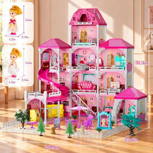 Vista 5 de Casa rosa de 4 pisos para niñas de 3 años en adelante, juego de villa de 12