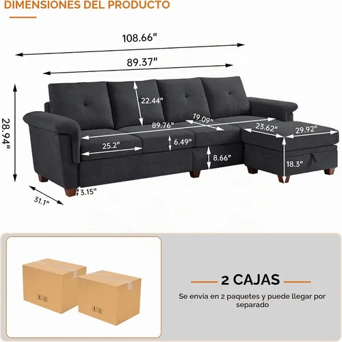 Vista 3 de Sofás seccionales de 4 asientos para sala de estar, dormitorio, oficina, sofá modular convertible en forma de L con otomana y portavasos, gris oscuro