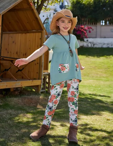 Vista 9 de Arshiner Conjunto de 2 piezas de pantalones y pantalones con estampado floral para niñas pequeñas Verde liso/Naranja Floral