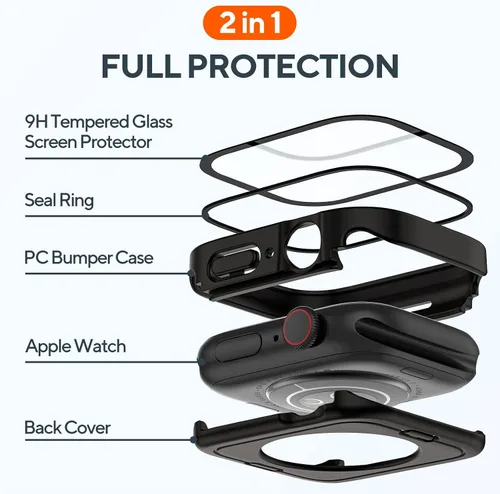 Vista 4 de Paquete de 2 fundas impermeables 2 en 1 para Apple Watch Series SE SE 6 5 4 40mm, borde recto de PC frontal y trasero con protector de pantalla