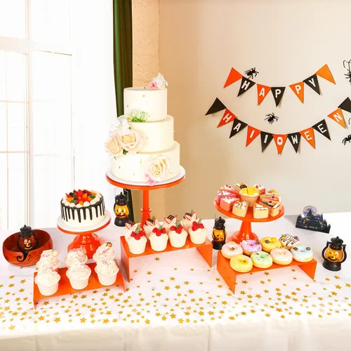 Vista 2 de Juego de 6 soportes para tartas, soportes de metal naranja para fiestas, mesa de postres, soporte redondo de 3 tamaños para tartas con soportes