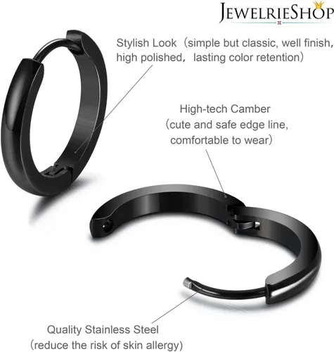 Vista 2 de JewelrieShop - Juego de aretes de aro quirúrgicos dorados, hipoalergénicos, aretes de aro para hombre (oro, negro, aretes de aro de acero inoxidable)