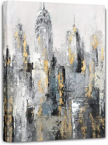Vista 10 de Yihui Arts - Lienzo moderno de cielo abstracto en lienzo con lámina dorada para decoración del dormitorio