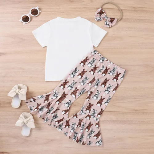 Vista 6 de 3pc Toddler Girls Kids Easter Cartoon Rabbit Printed Pullover Tops Spring Flared Pants Infant Stylish Headband