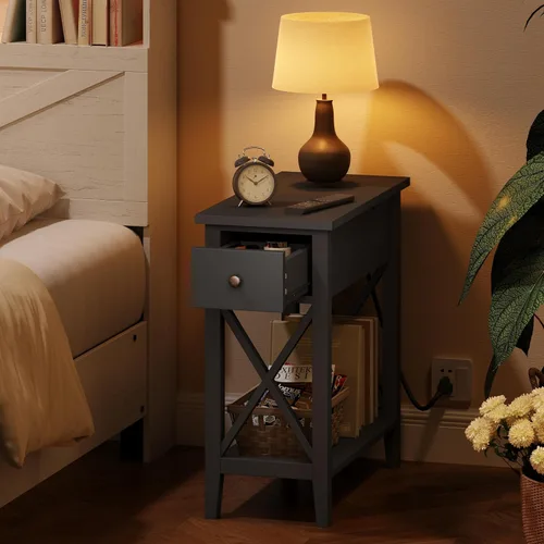 Vista 4 de ChooChoo Mesa auxiliar, mesa auxiliar estrecha abatible con estación de carga Narrow Side Table with USB Ports and Outlets, Nightstand with