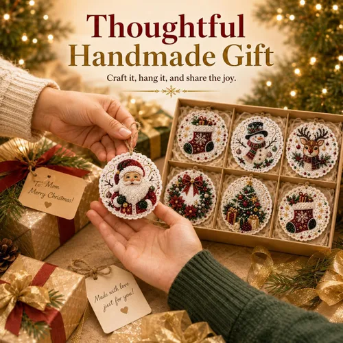 Vista 9 de GOJXDNE 6 adornos de arte de diamantes de Navidad, kit de manualidades de Bases de madera preperforadas con perlas en forma de gemas de resina