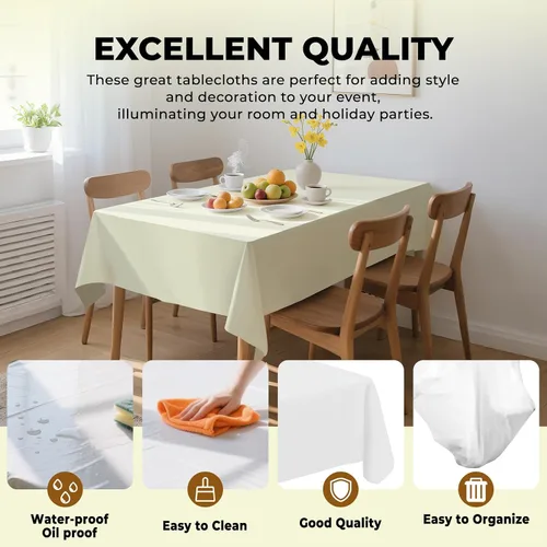 Vista 4 de Paquete de 10 manteles desechables de plástico premium de 54 x 108 pulgadas, mantel rectangular para mesa, para cumpleaños, bodas, Navidad, Beige