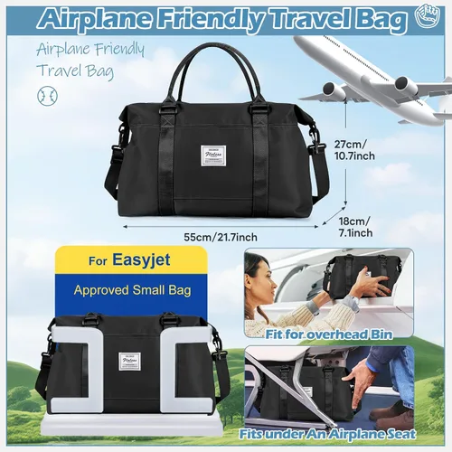 Vista 3 de Pequeña bolsa de gimnasio negra para mujer, elegante bolsa de viaje para avión, bolsa de lona ligera para mujeres y hombres, bolsa