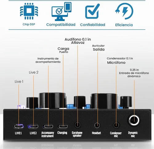 Vista 2 de Pyle PKSCRD208 - Mini interfaz de audio Bluetooth, mezclador de podcasts, transmisión en vivo para PC y iPhone, cambiador de voz V8 con 12 efectos