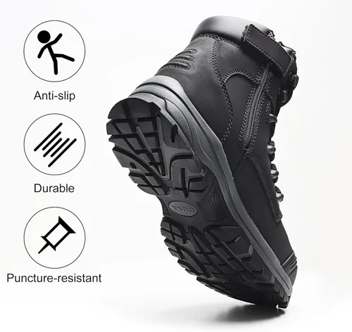 Vista 5 de Botas de trabajo para hombre, zapatos con punta de acero y cremallera lateral, resistentes al agua, antideslizantes, a prueba de pinchazos (OX2720)
